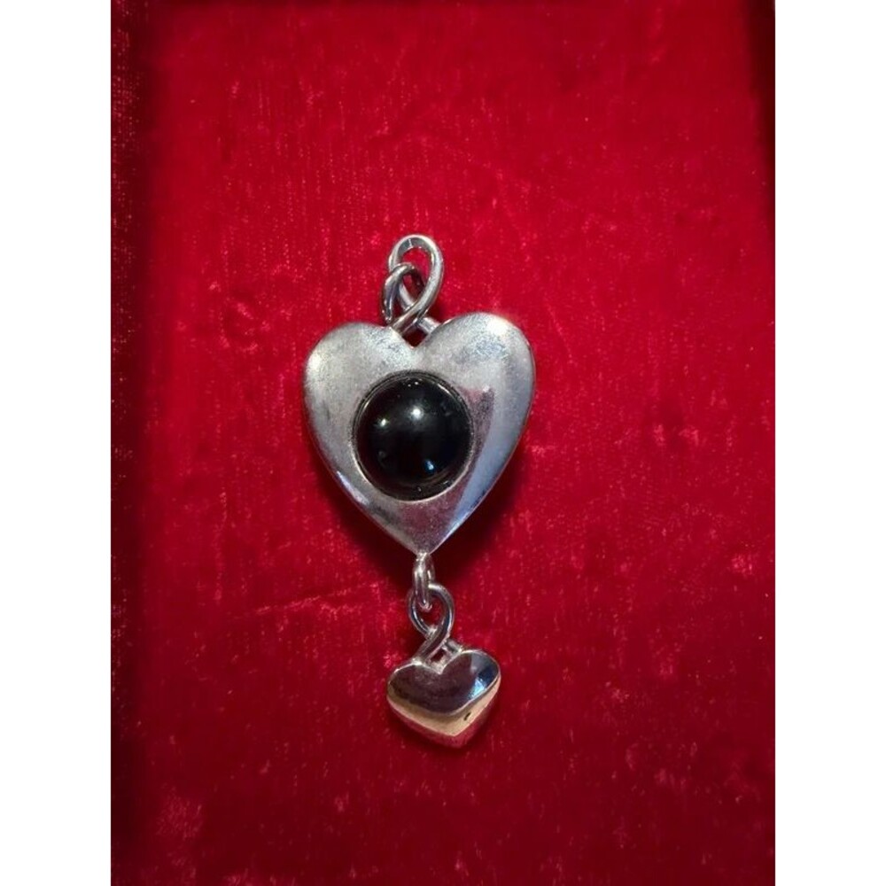 Vintage Silver Tone Black Onyx Style Puffy Heart Pendant